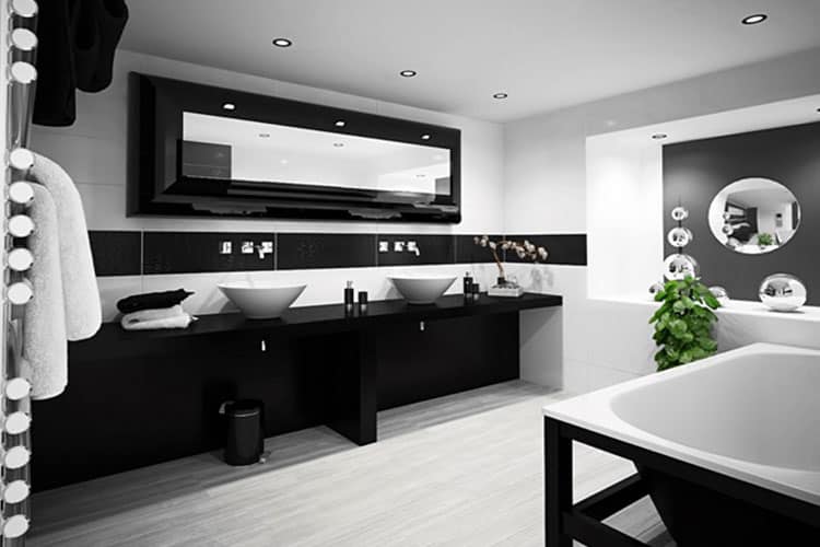 Несколько дизайн-проектов черно-белых ванных комнат.